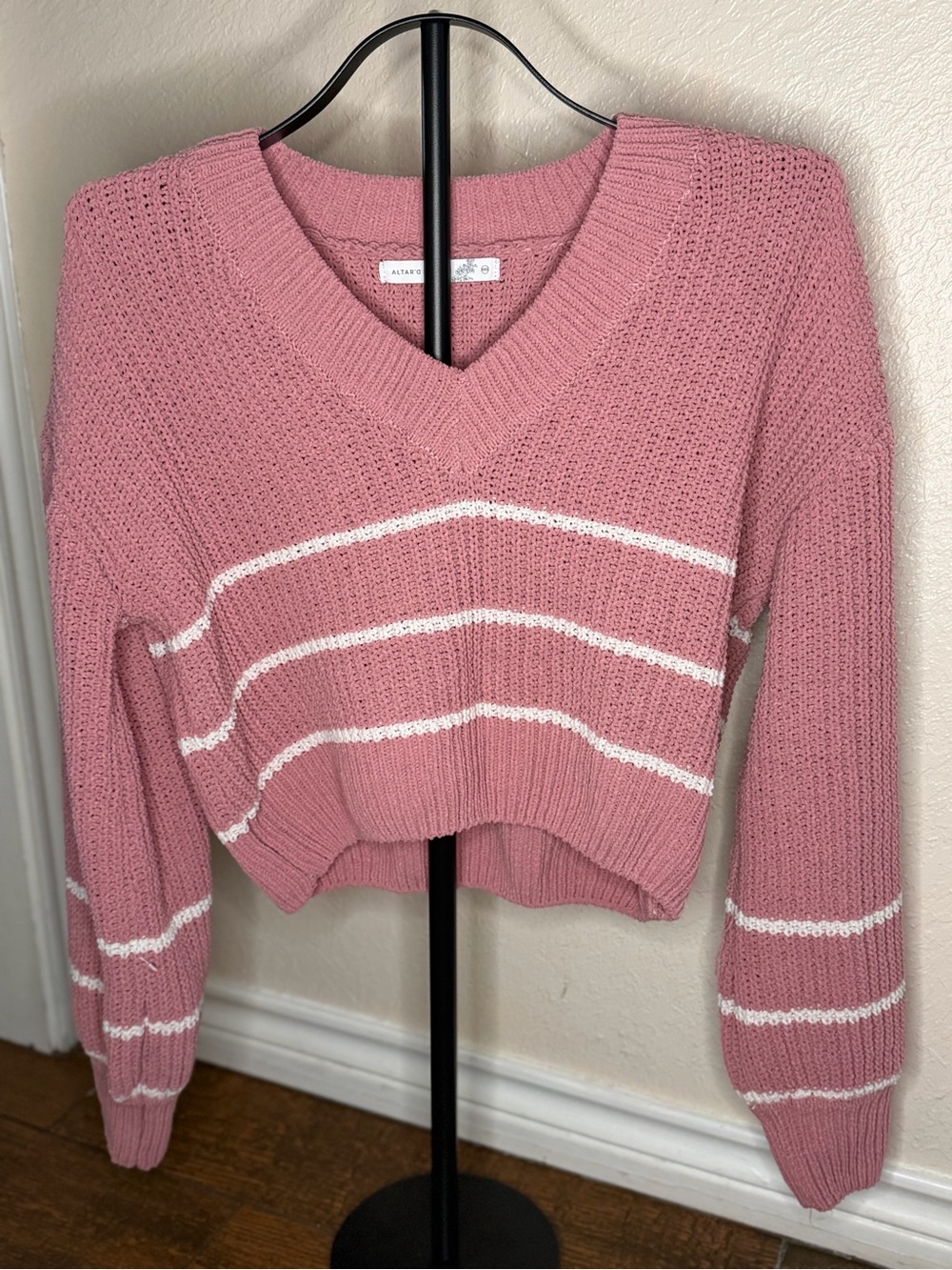Altar'd State Dusty Pink V-Neck Cropped Sweater with White Stripes